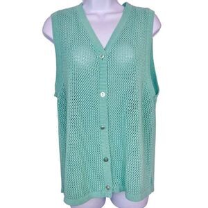 Vintage 80s Womens M Sweater Vest Mint Green Knit Button Down Cardigan Sleeveles